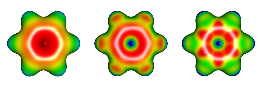 Three calculated molecular property maps arranged from left to right on a black field